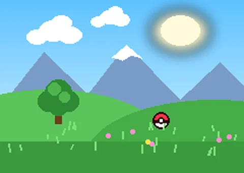 Paisagem do WildKanto com montanhas e uma Poké Ball na grama